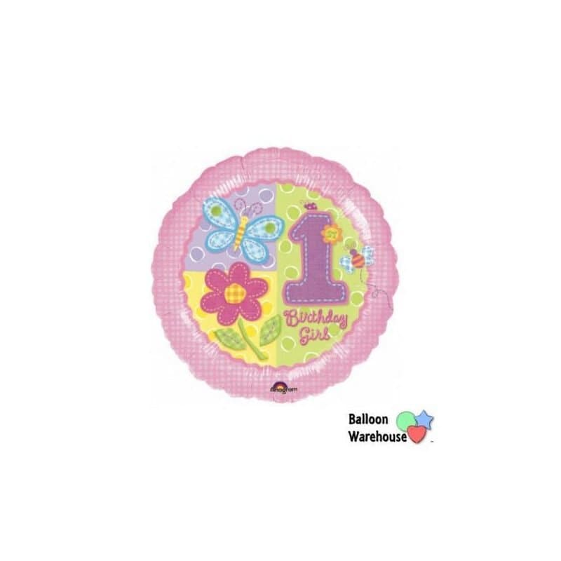 Pink 1st Birthday Girl foil balloon with flowers, 18 inches