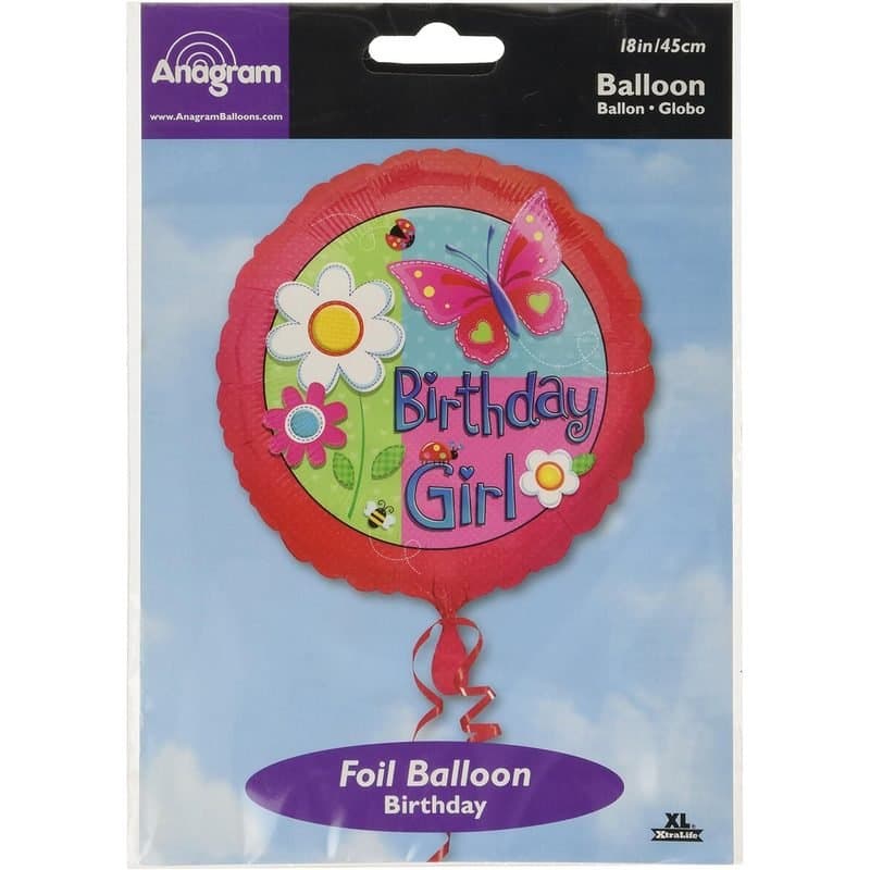 18" Foil Balloon - "Birthday Girl", Garden Theme, Red Rims, Round
