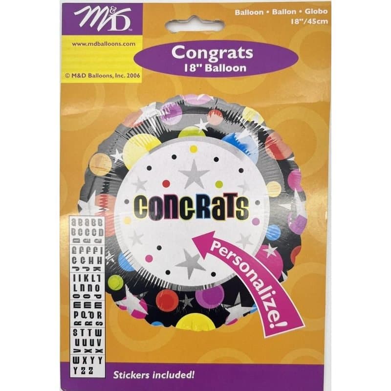 18" Foil Balloon - "Congrats", Personalizable with Stickers Included