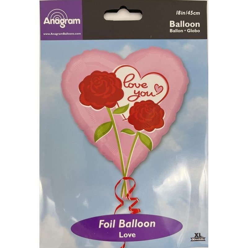 18" Foil Balloon - "Love you" and Roses, Pink, Heart Shaped