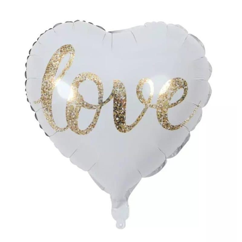 18" Foil Balloon - "Mrs" "Mr" "Love" Balloons, Gold Writing, White BG - Love / Heart Shape