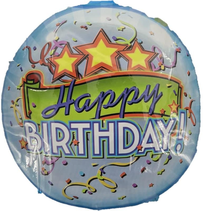 22" Bubble Balloon - "Happy Birthday!" Stars and Confetti, See Through, Orb Shape