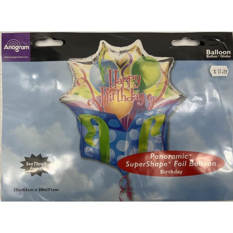 25" See Through Balloon - "Happy Birthday", Gift Box Shape