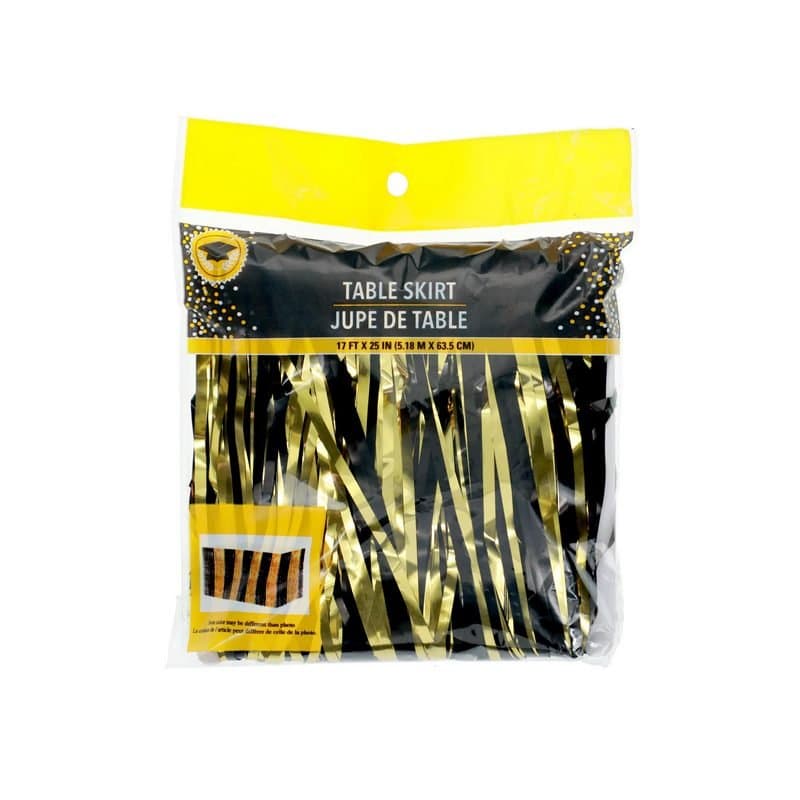 25"x204" Table Skirt Black & Gold Foil Fringe
