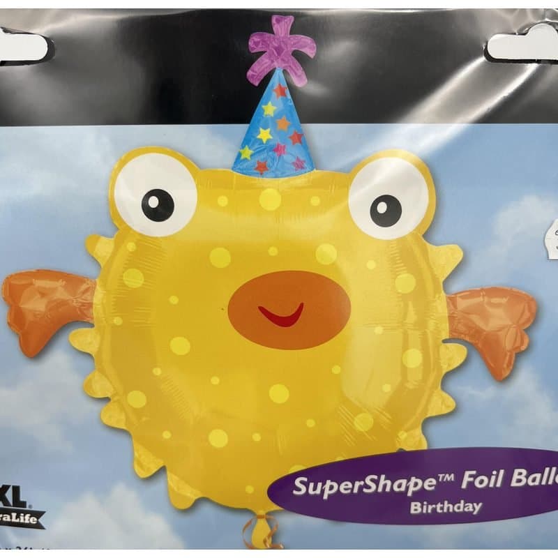 26" Foil Balloon - Birthday Puffer Fish, Yellow, Super Shape