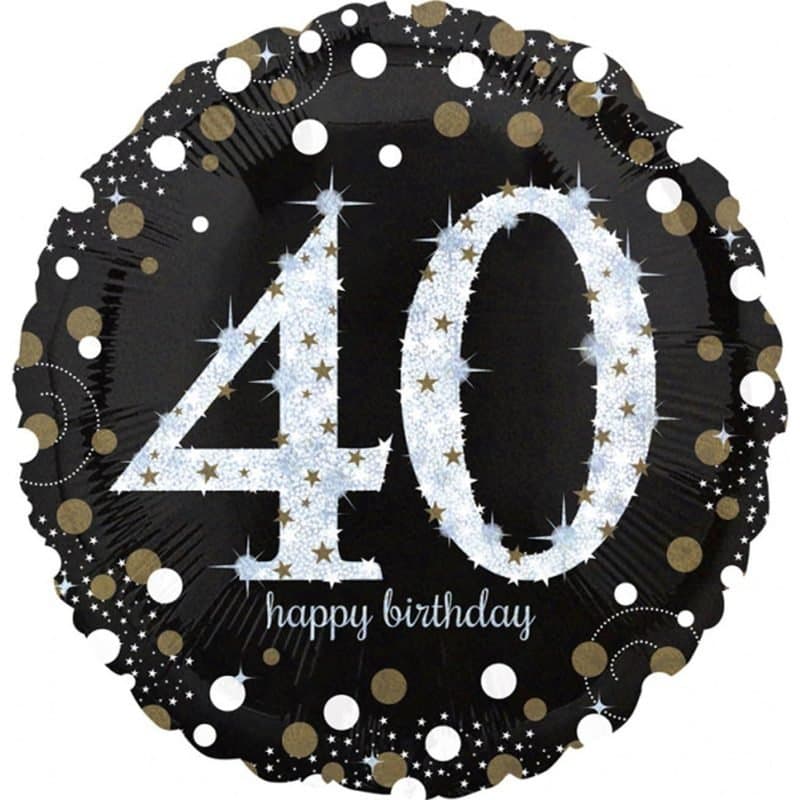 28" SS 40 "happy birthday", Holographic, Black with White/Gold, Round