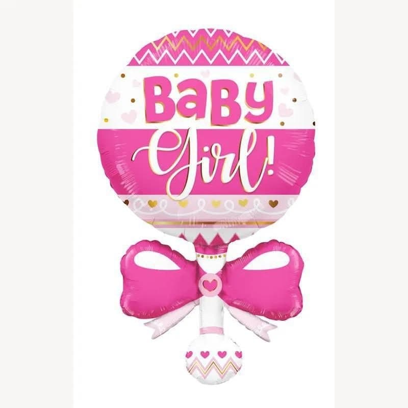 36" Foil Balloon - Pink Baby Girl Rattle, Super Shape