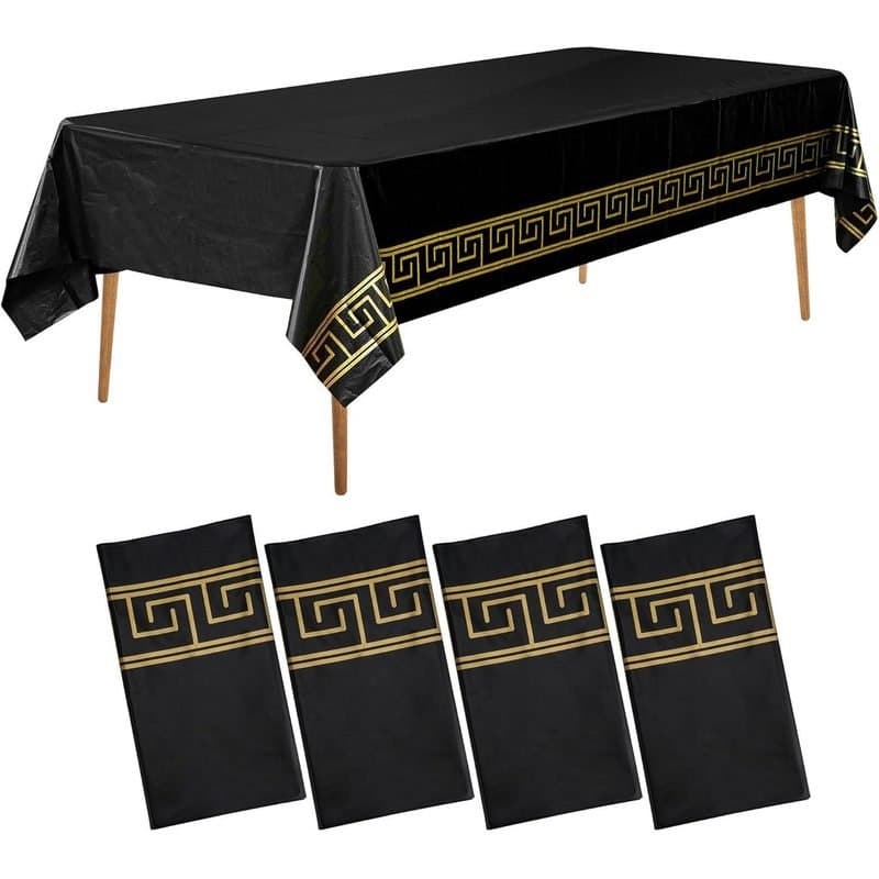 54"x108" Rec. Plastic Table Cover - Black With Gold Art Margins