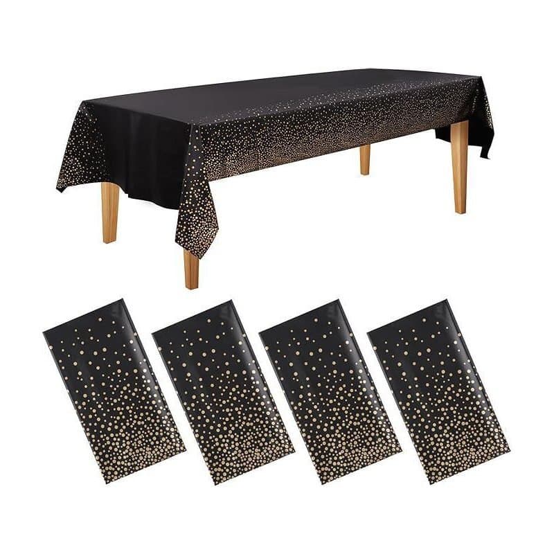 54"x108" Rec. Plastic Table Cover - Black with Gold Dots