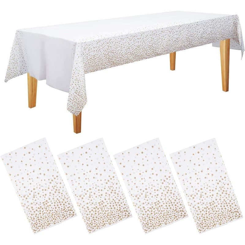 54"x108" Rec. Plastic Table Cover - White With Gold Dotted Margins