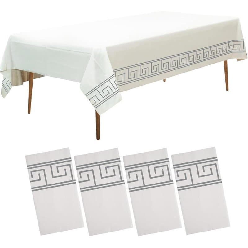 54"x108" Rec. Plastic Table Cover - White with Silver Art Margins