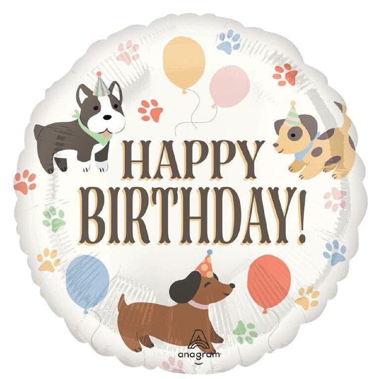 18" Foil Balloon - Pawsome Party "HAPPY BIRTHDAY!", Puppies, White, Round