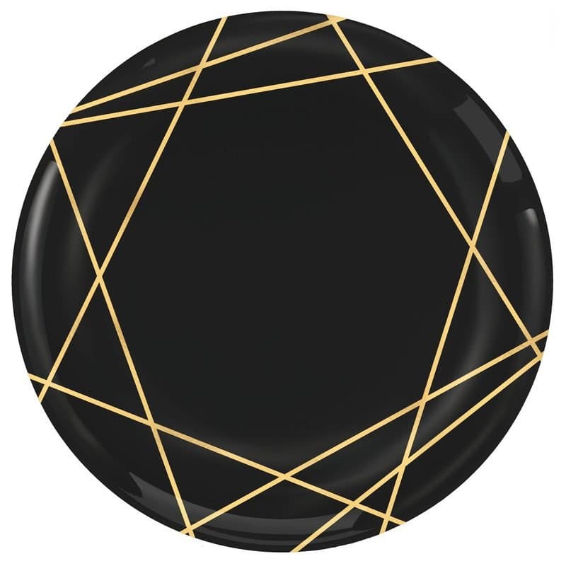 7.5" Black W/Gold Geo Premium Plastic Plates 20-pk