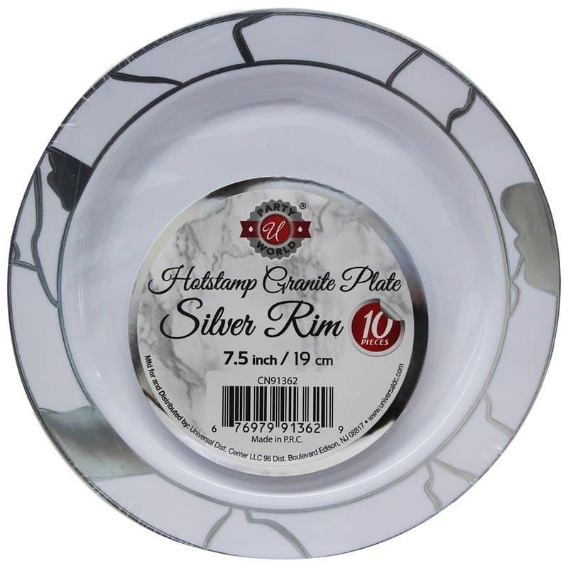 7.5" Hot Stamp Granite White w/ Silver Rim Plastic Plates 10 pk