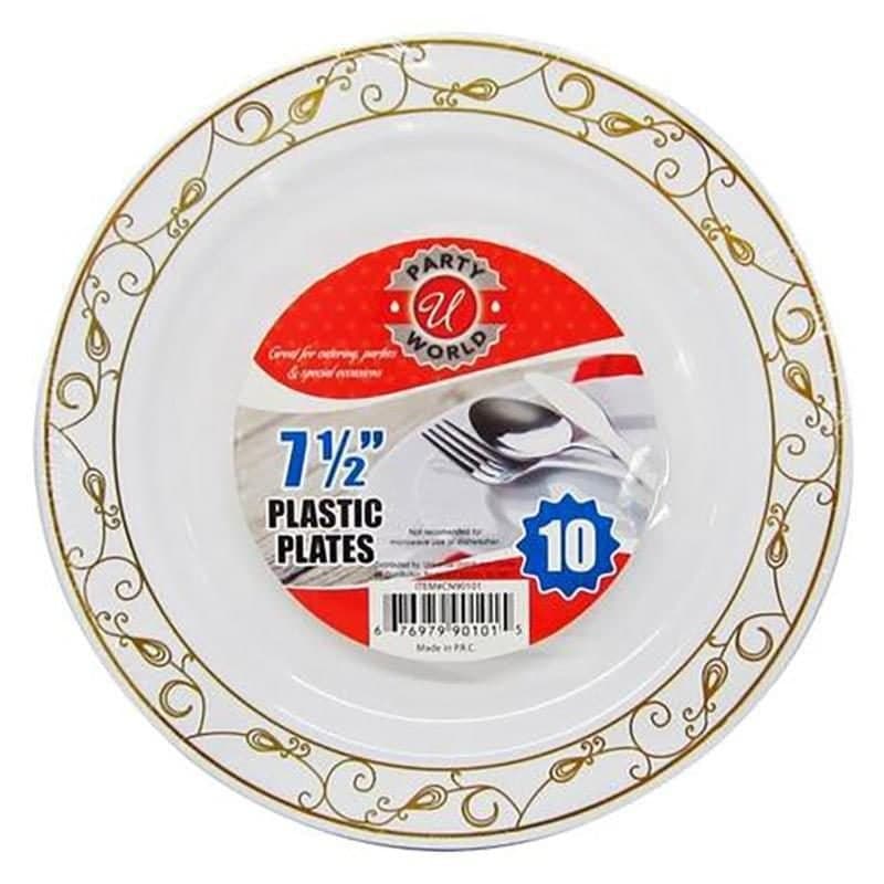 7.5" Hot Stamp White w/ Gold Pattern Plastic Plates - 10ct