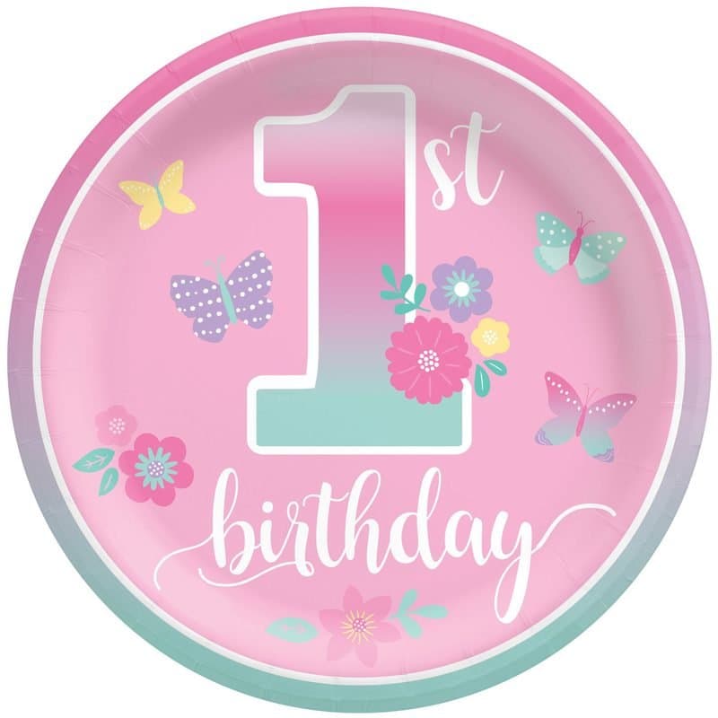 7' Butterfly Garden 1st Birthday Paper Plate 8 Ct