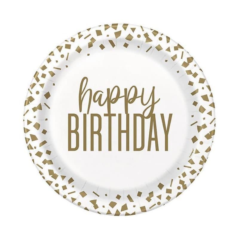 7" Paper Plates Confetti Gold Birthday 8 Ct