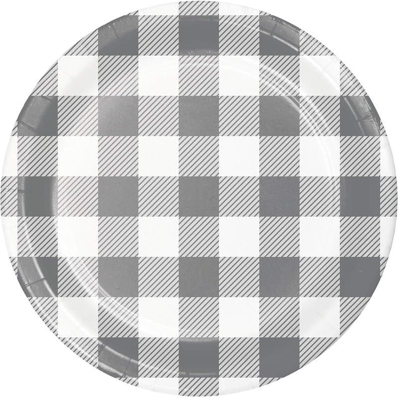 7" Paper Plates Gray And White Check 8ct