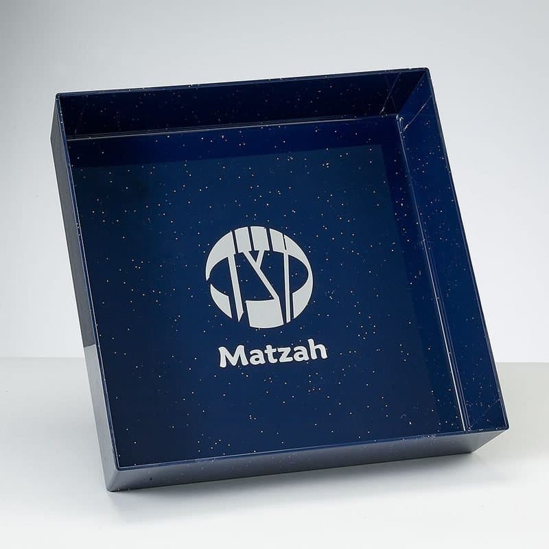 8.5" Matzah Tray Navy With Silver Glitter Plastic