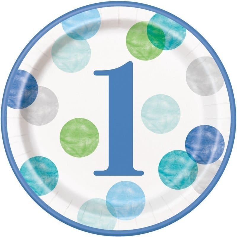9" Blue Dots First Birthday Paper Plates 8 Ct