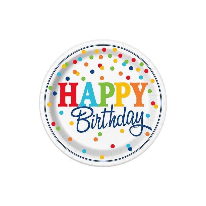 9" Paper Plate - Happy Birthday Rainbow Polka Dots, 8ct