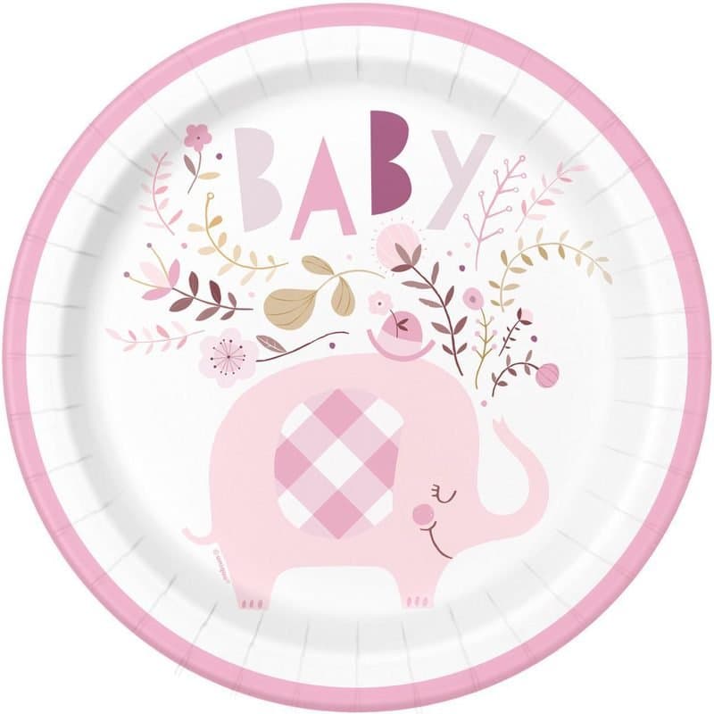 9" Pink Floral Baby Elephant Paper Plate 8ct