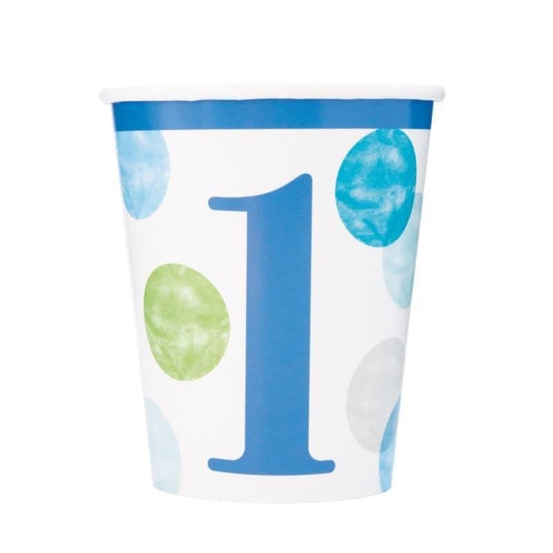 9oz Paper Cups Blue Dots First Birthday 8ct