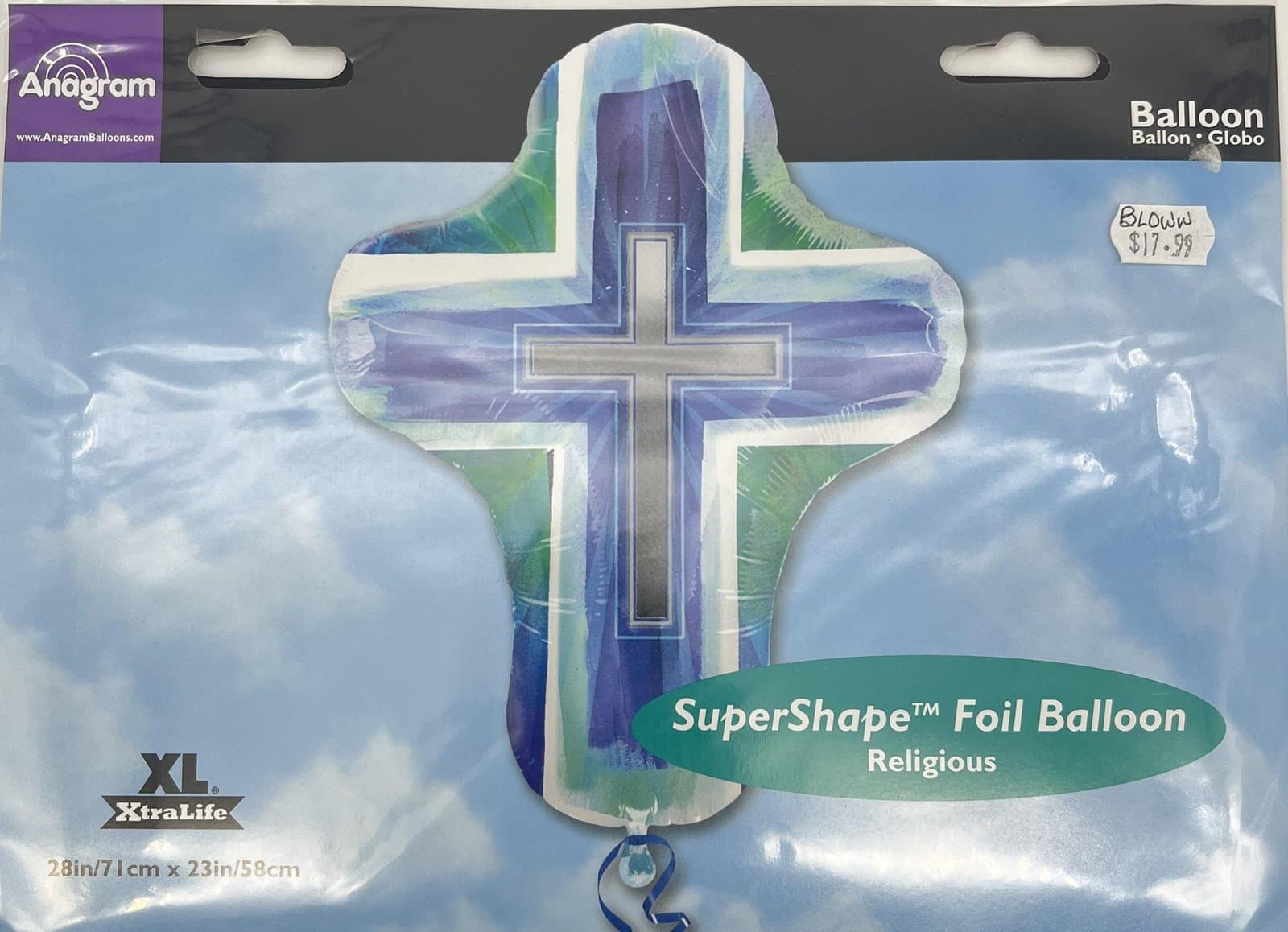 28" Foil Balloon - Cross, Silver/Blue/Green, SuperShape