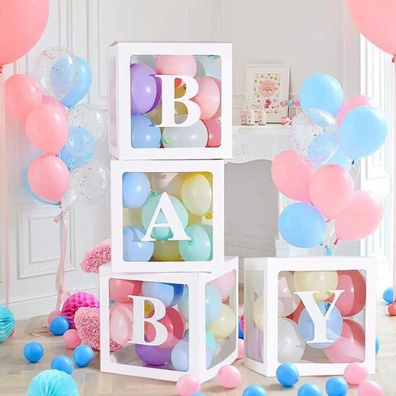 Balloon Box - "B" "A" "B" "Y" Balloon Boxes, Clear & White, 11.75"
