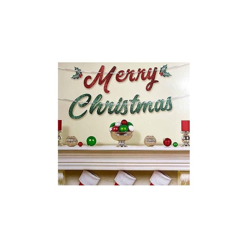 Banner - "Merry Christmas" Glitter Banner, Red/Green, 1pc, 12ft