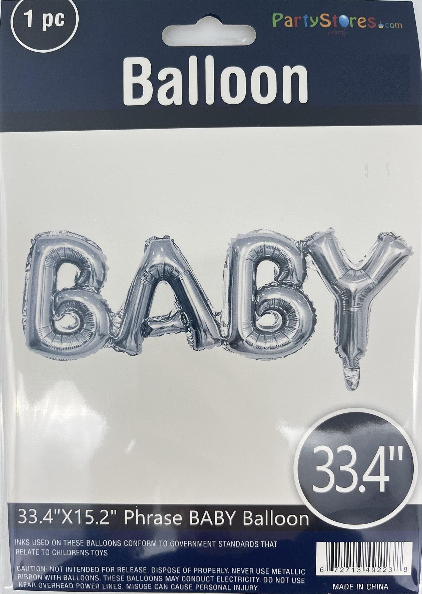 33" Foil Balloon - "BABY", Silver, Air filled, 33.4" x15.2"