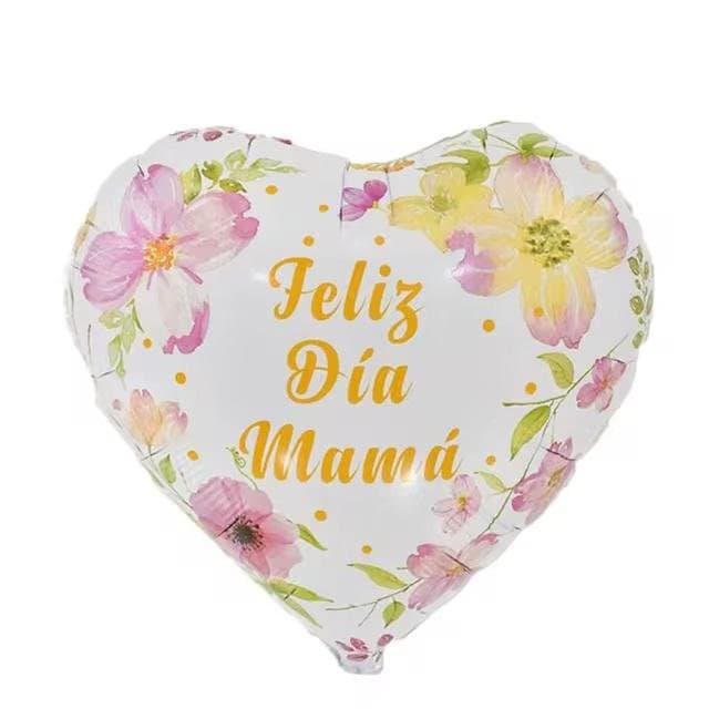 18" Foil Balloon - "Feliz Dia Mama", Flowers, White, Heart Shape