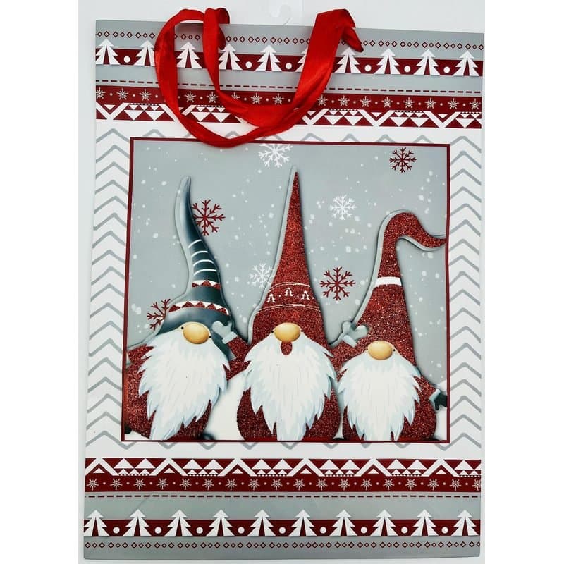 Gift Bag - 3D Large Christmas Gift Bag, Gnomes, Red Glitter, 16.5"x12.1"x4.75"