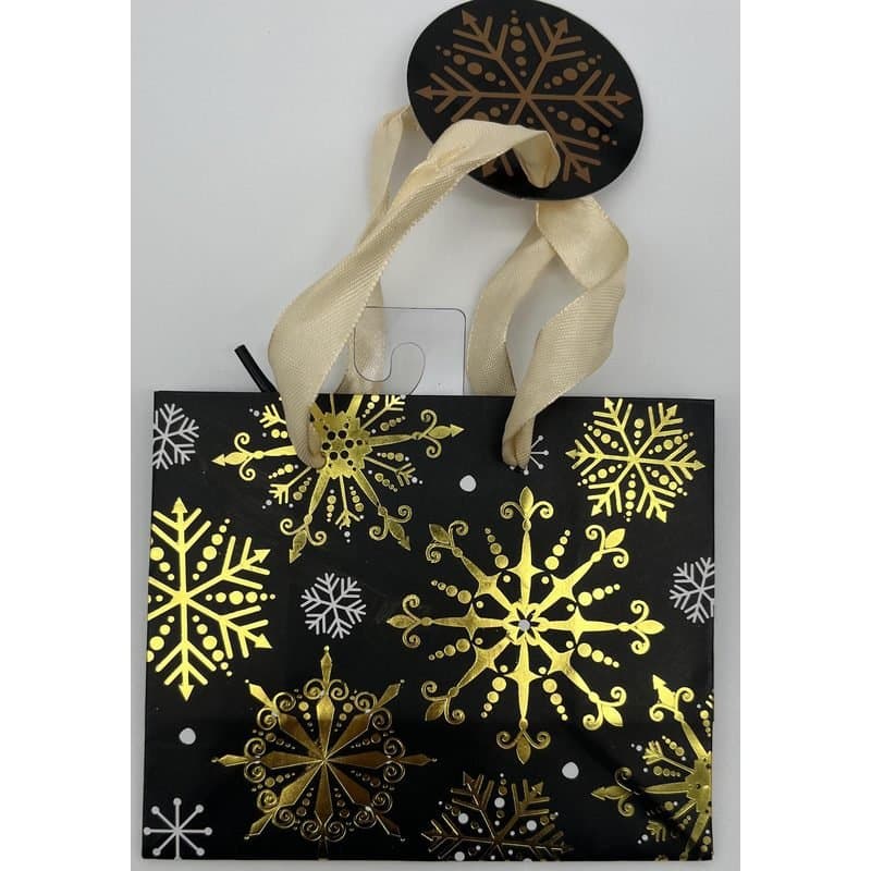 Gift Bag - Small Christmas Gift Bag, Snowflakes, Black, with Name Tag, 5.5"x4.5"x2.75"