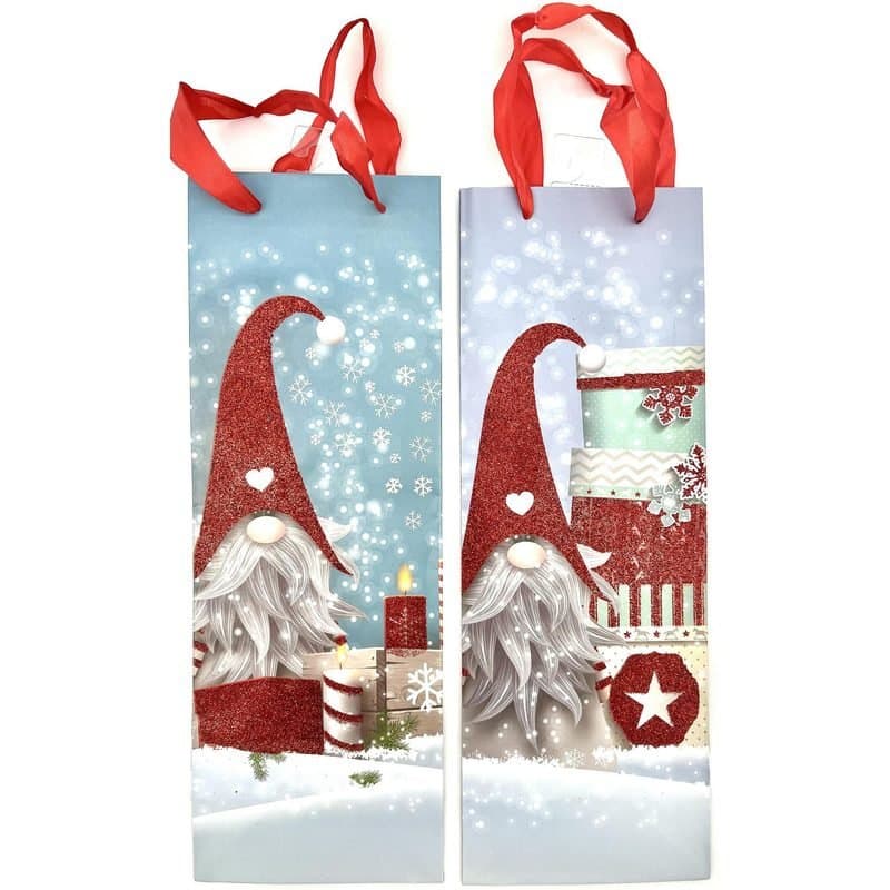 Gift Bax - 3D Gnome Christmas Gift/Wine Bag, Red Glitter, 14.2"x5"x3.3"