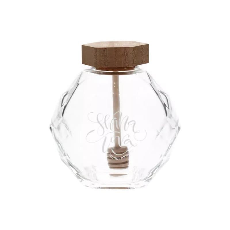 Glass Hexagon Honey Pot with Wooden Honey Dipper