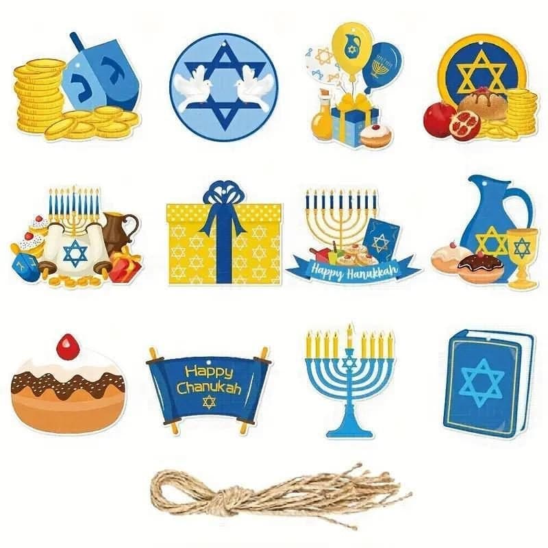 Hanging Ornaments - Hanukkah Symbols, Thick Paper, 12 pcs, Avg Size 5" x 5.5"