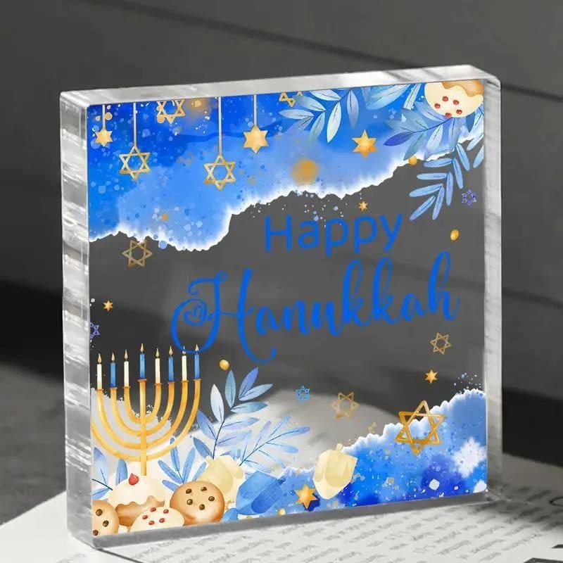 Plaque - Hanukkah Celebration Acrylic Plaque, 1pc, 3 Designs - Square, Blue Edges