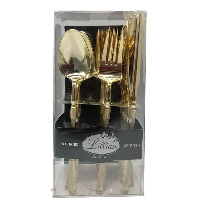 Premium Cutlery Polished Gold Glitter Handle Serves 8 - 24 Piece Set