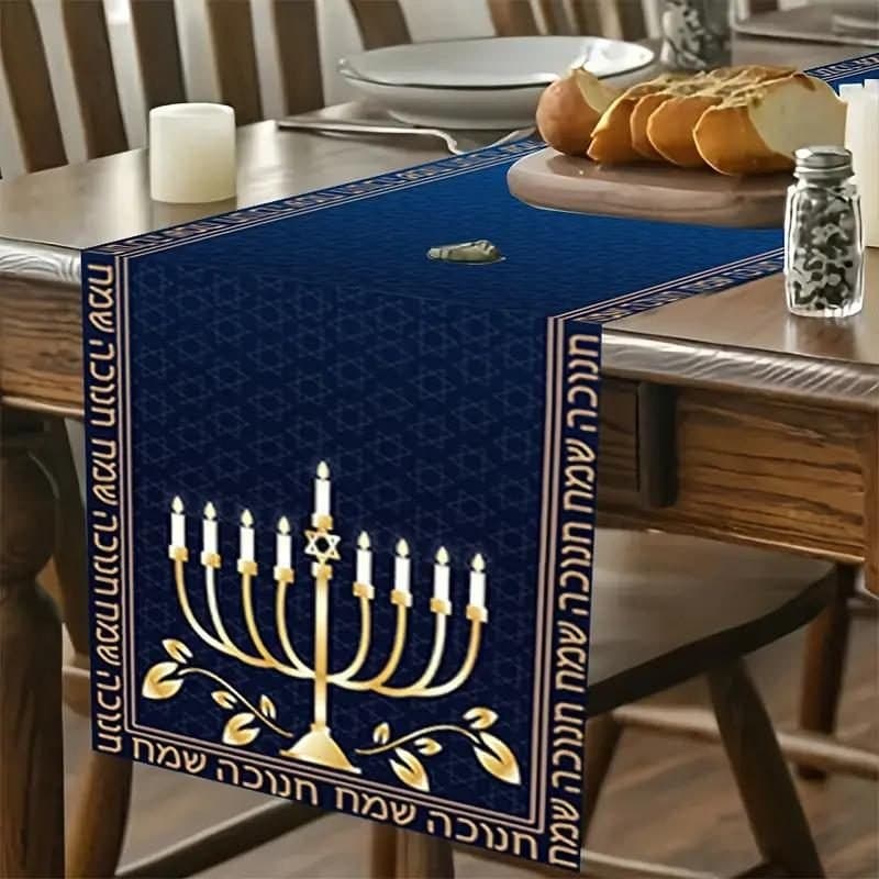 Table Runner - Happy Hanukkah Celebration Menorah & Star of David, Blue, 1psc, 13in x 72in