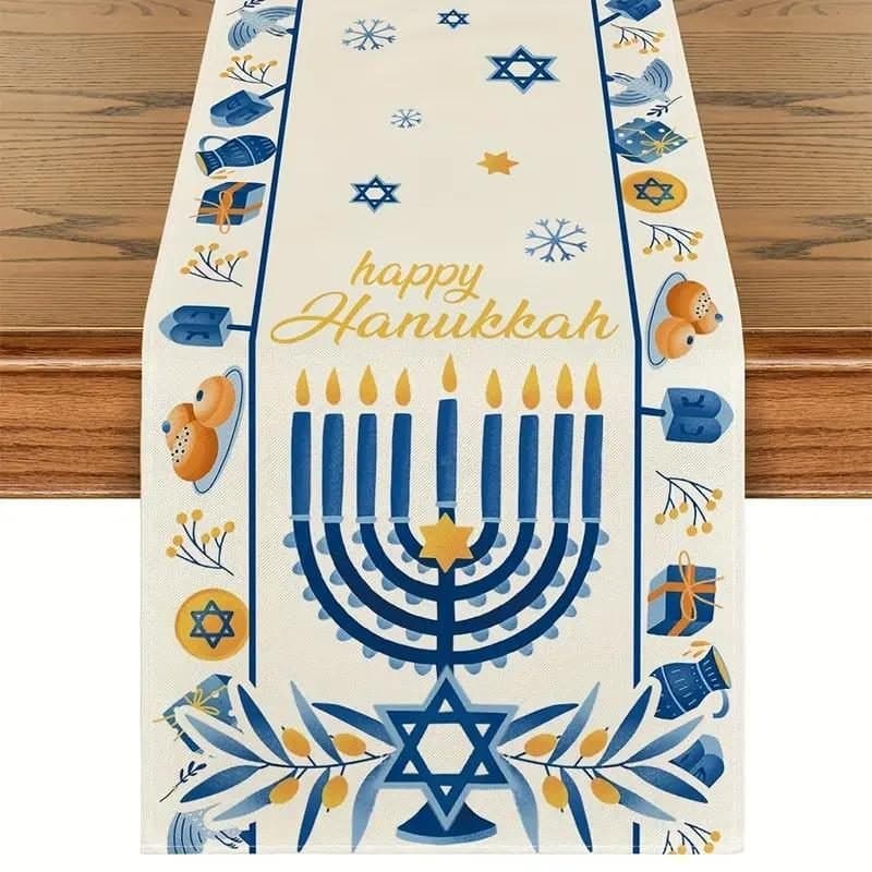 Table Runner - Menorah and Other Symbols Hanukkah Celebration, White, 1psc, 13" x 108"