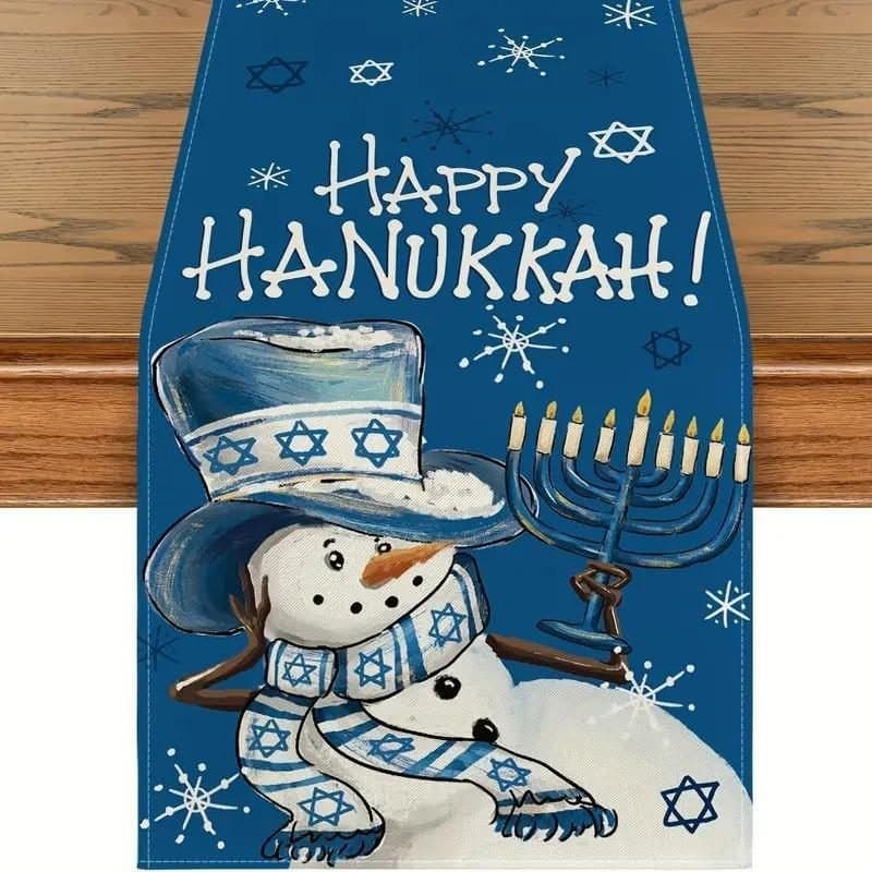 Table Runner - Winter Wonderland Blue with Snowman & Menorah, 13" x 108"