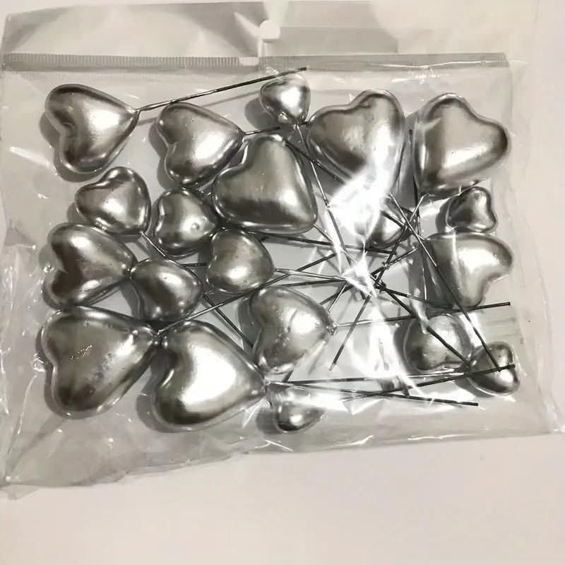 Topper - Metallic Heart Cake Topper, 4 Sizes, 20pcs - Silver