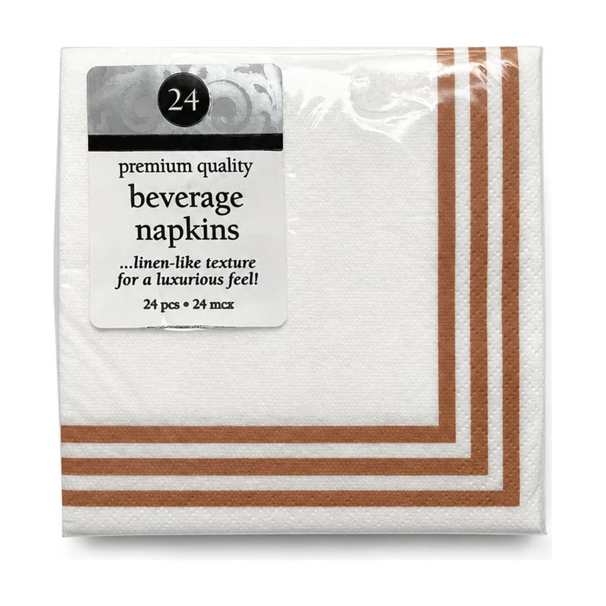 White Beverage Napkins with Copper Stripe, 24 Pack