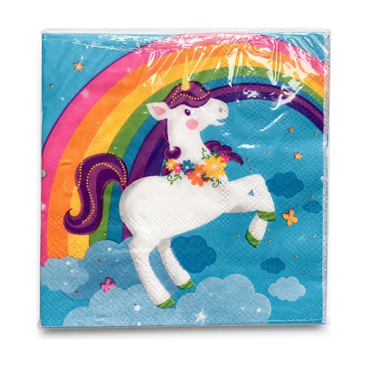 Rainbow unicorn beverage napkins with a white unicorn and a rainbow