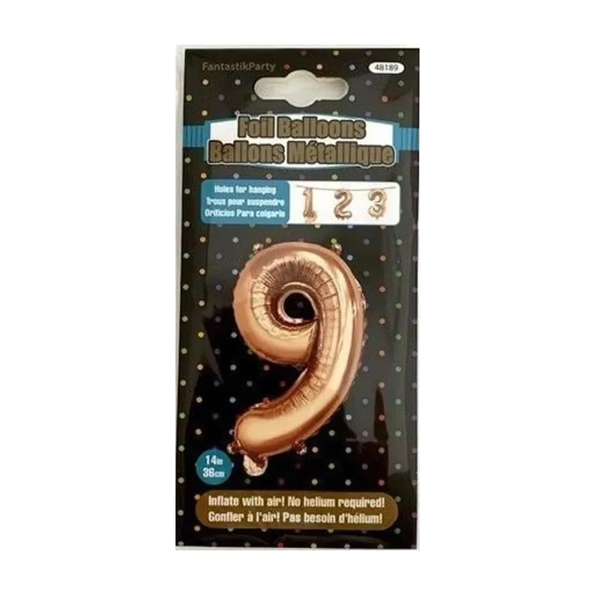 14" Foil Balloon - Rose Gold Number 9, Air-Filled