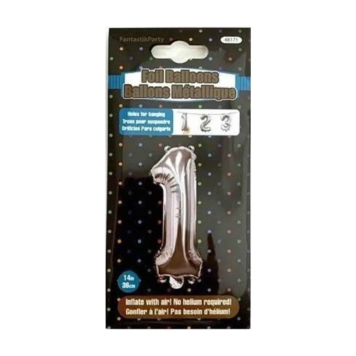 14" Foil Balloon - Silver Number 1, Air-Filled