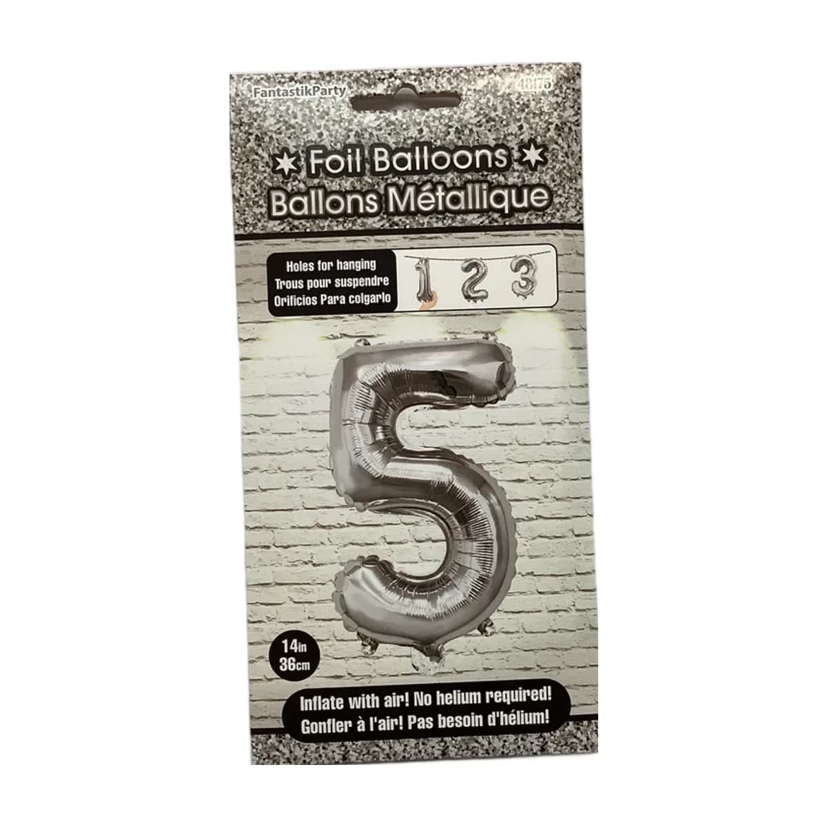14" Foil Balloon - Silver Number 5, Air-Filled
