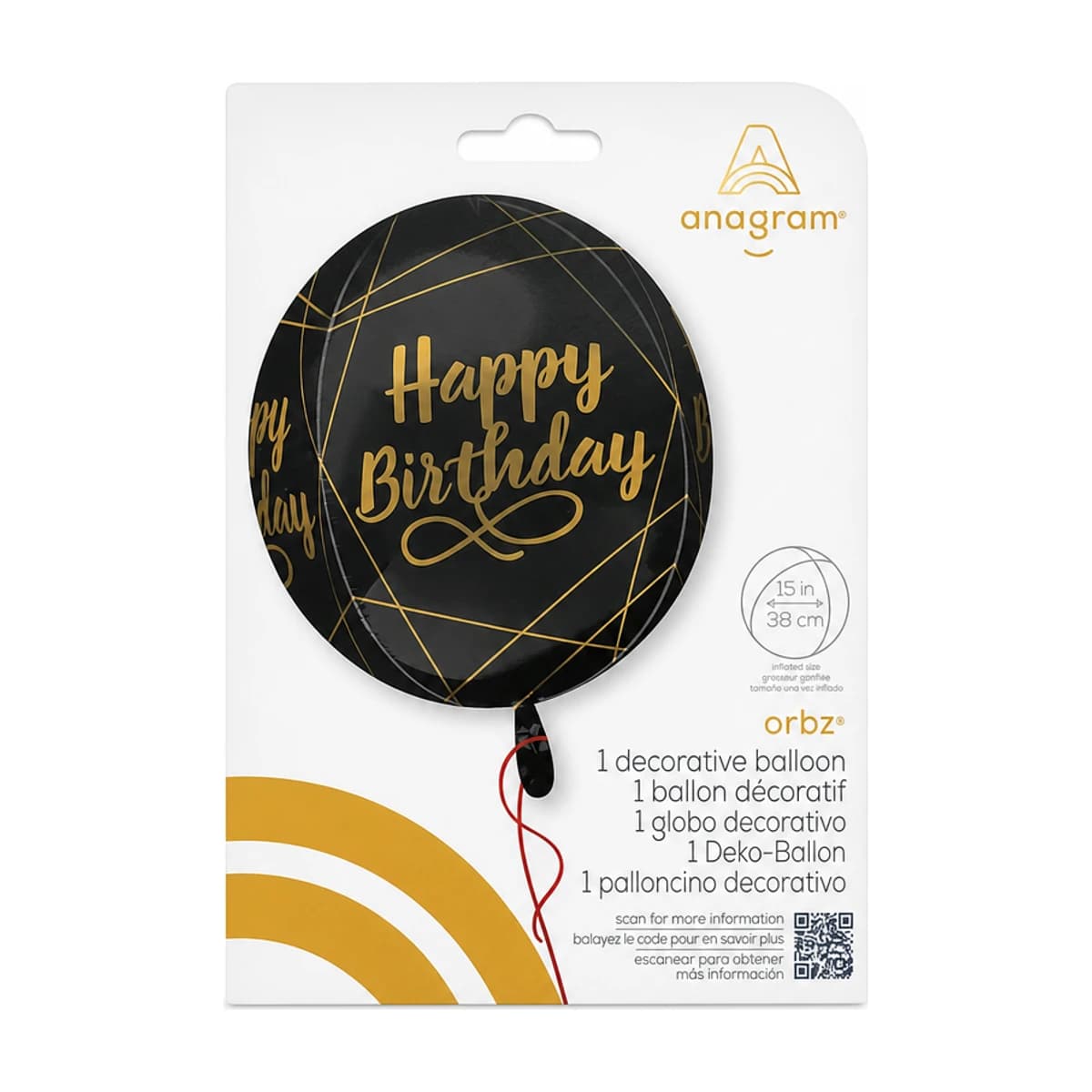 15" Orbz Black/Gold Birthday Balloon