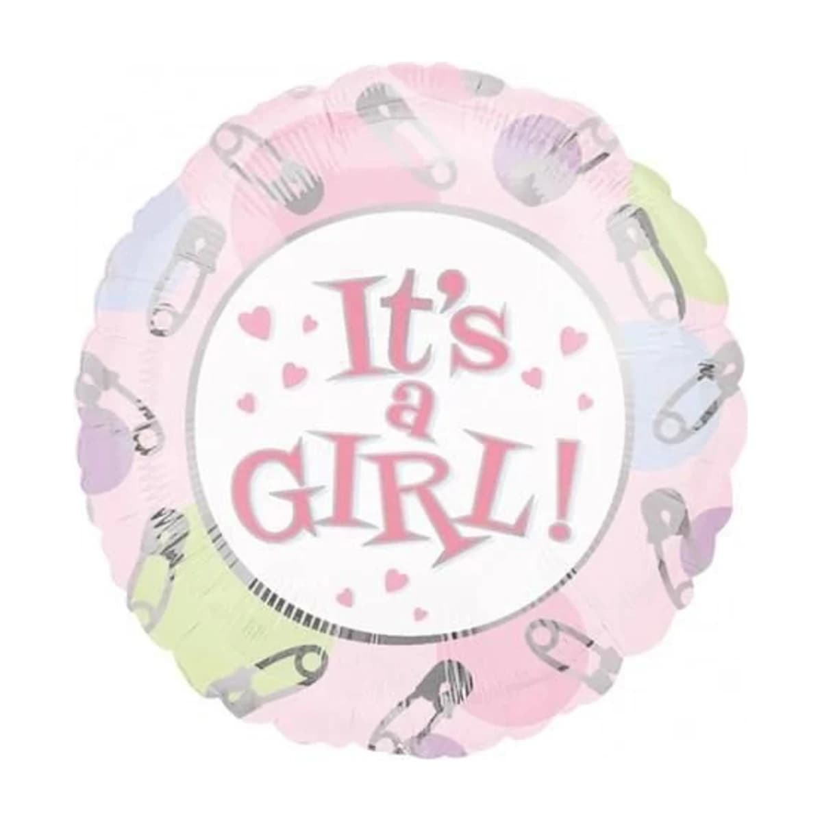 18" Foil Balloon - It's a Girl Safety Pins, Round